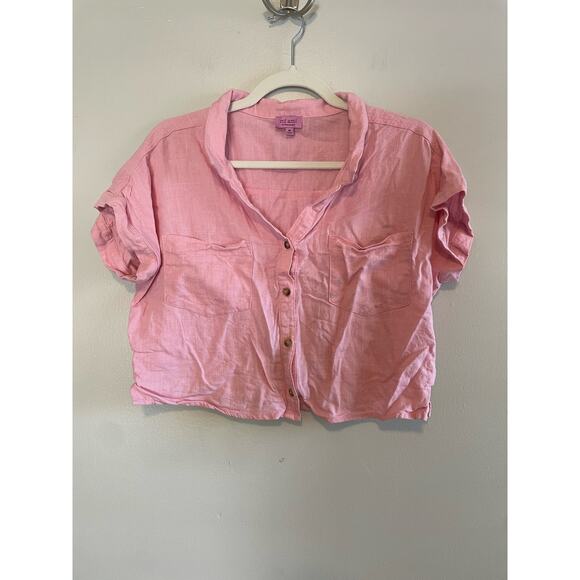 Mi Ami Size M Pink Linen Blend Crop Top Button Up Short Sleeves - Picture 1 of 6